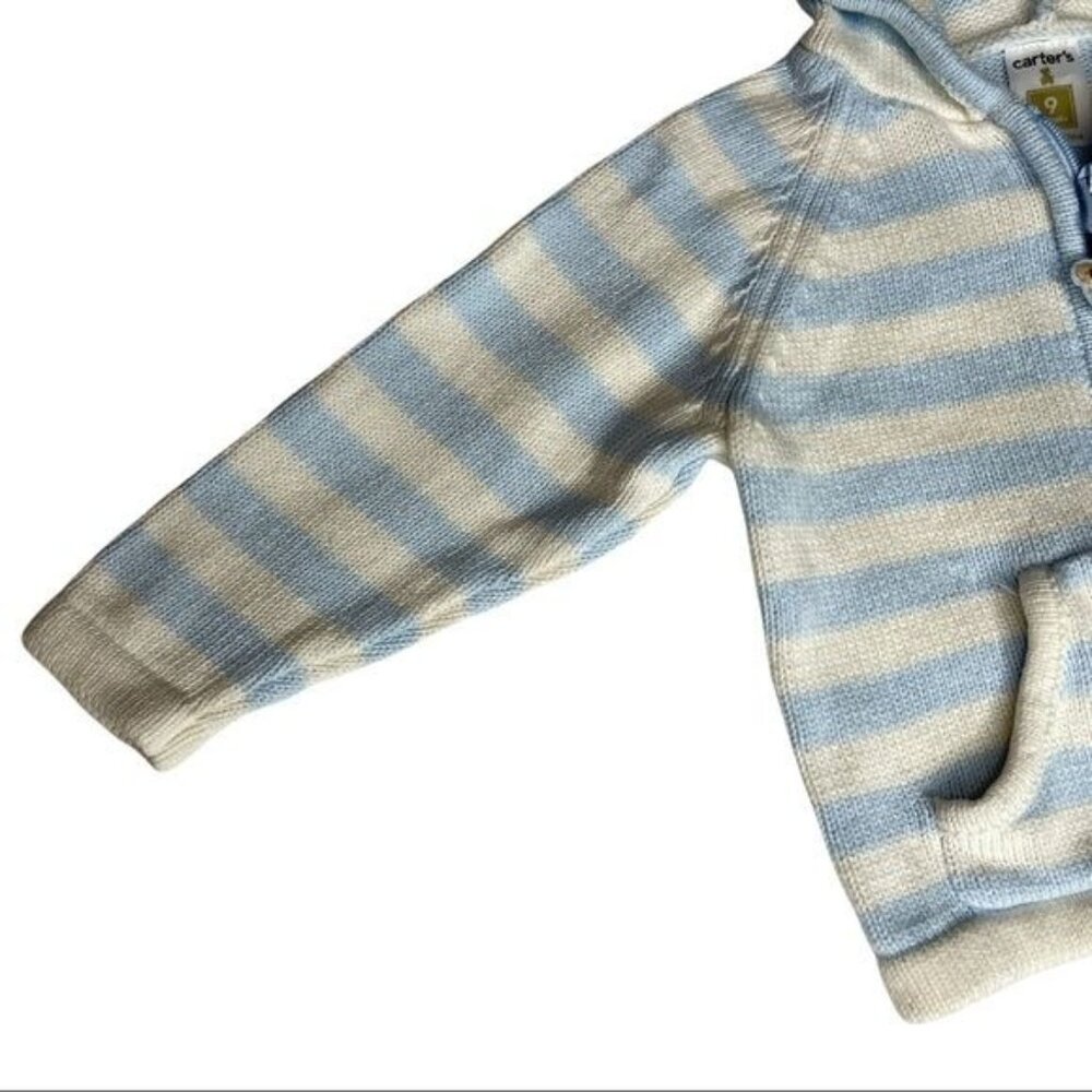 Carter's Blue/White Hooded Sweater Zip Front Baby 9M Cozy Classic Casual - Picture 4 of 13